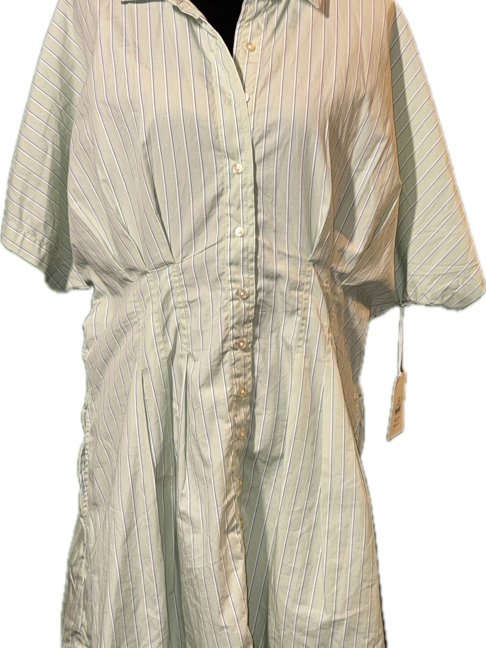 Light Green & White Striped Midi Shirt Dress - Relaxed Fit